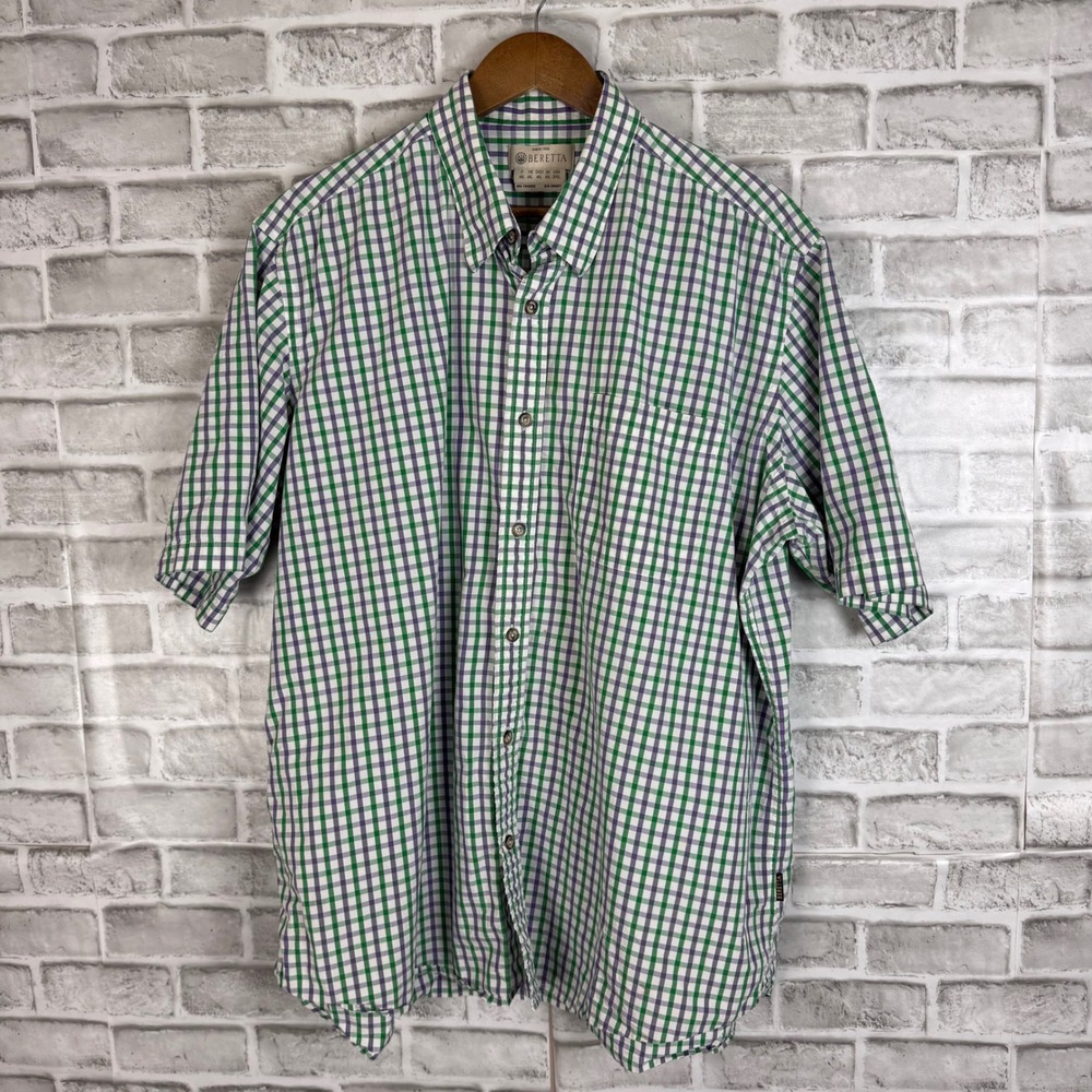 Beretta Mens 3XL Tattersall Check Shirt Green Purple Short Sleeve Button Down
